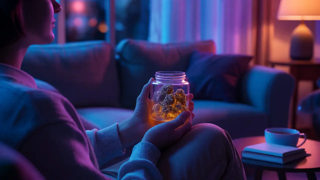 Uvolněná osoba večer v obýváku drží sklenici s hustými květy H4CBD pro relaxaci.