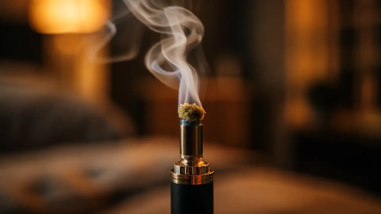 Vaporizér s CBD hashem produkující páru v tlumeném osvětlení