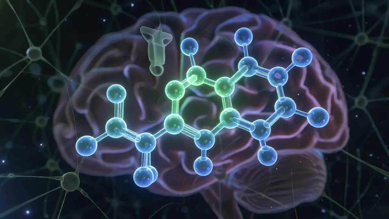 3D model molekuly H4CBD interagující s neurony v mozku