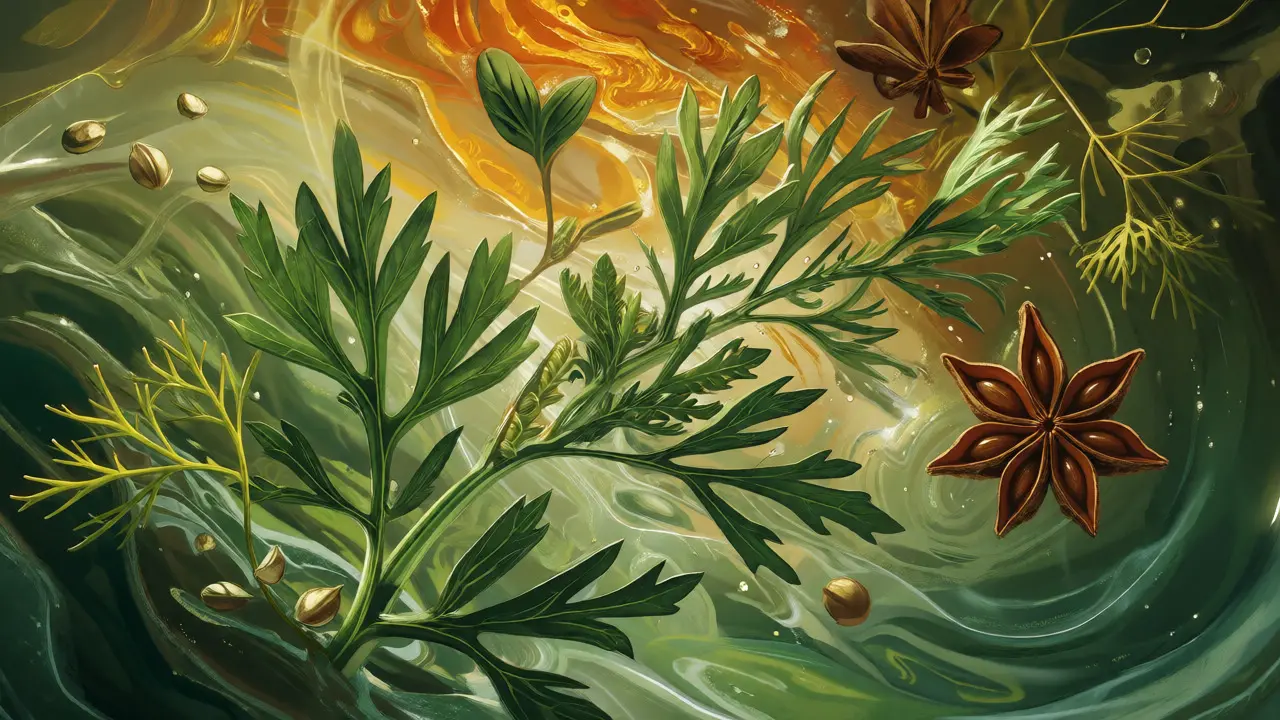 Botanická ilustrace pelyňku, fenyklu a anýzu v zeleném nápoji