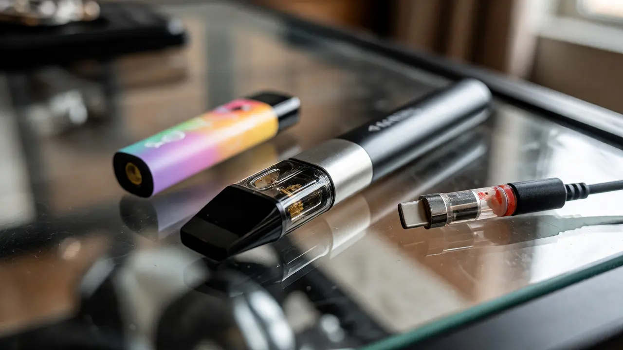 Detailní záběr na CBD vape pero, nabíječku a prázdné náplně na stole.