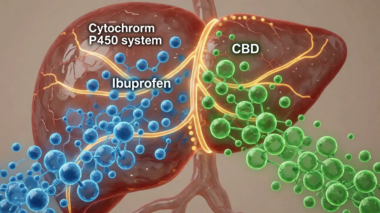 Ilustrace jater s molekulami CBD a ibuprofenu v systému CYP450