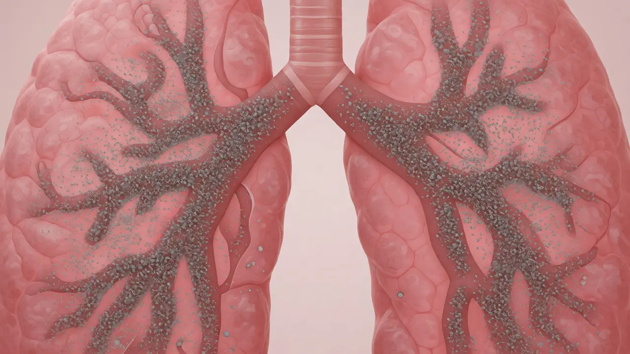 Ilustrace plic s částicemi PM2.5 pronikajícími do alveolů