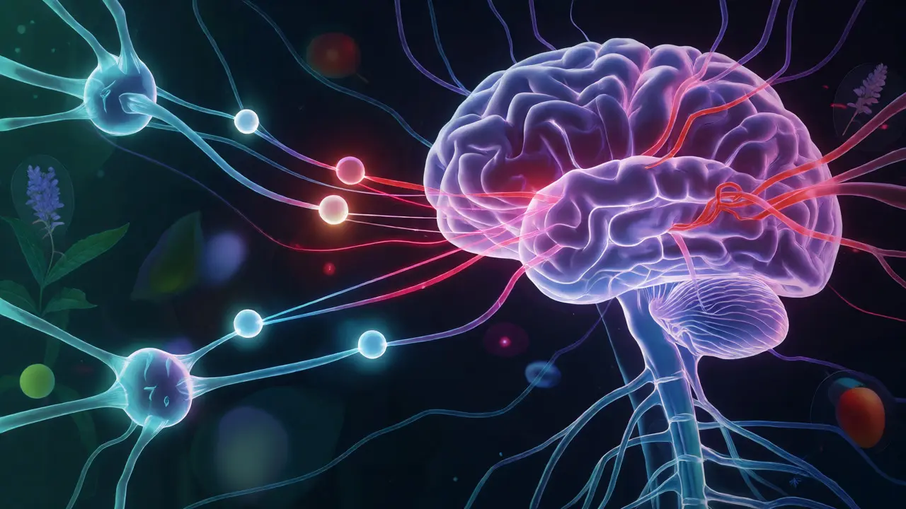 Konceptuální ilustrace interakce CBD s mozkem a endokanabinoidním systémem