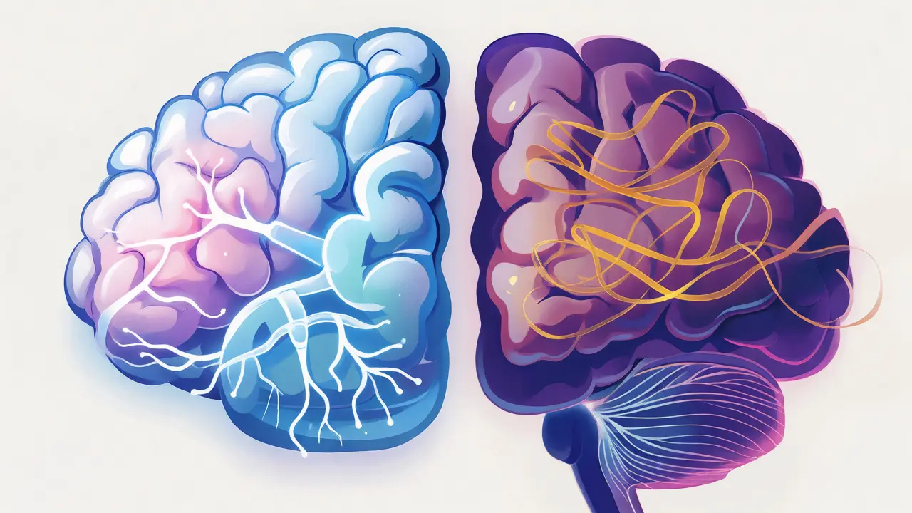 Konceptuální ilustrace mozku znázorňující fyzickou a psychickou závislost