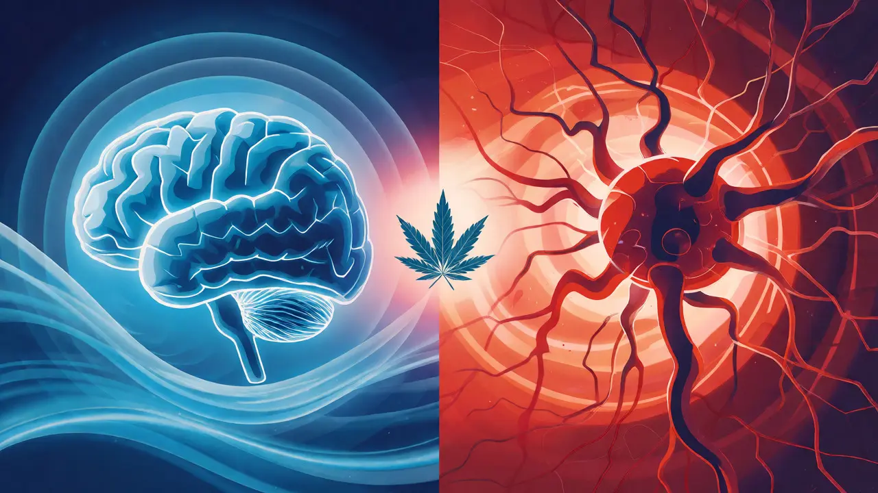 Konceptuální ilustrace účinků CBD a THC na mozek