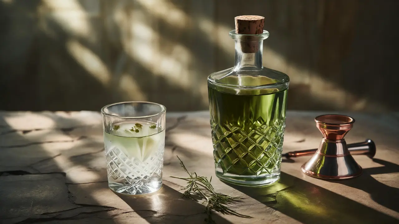 Láhev kvalitního absintu s připraveným skleničkou a bylinkami