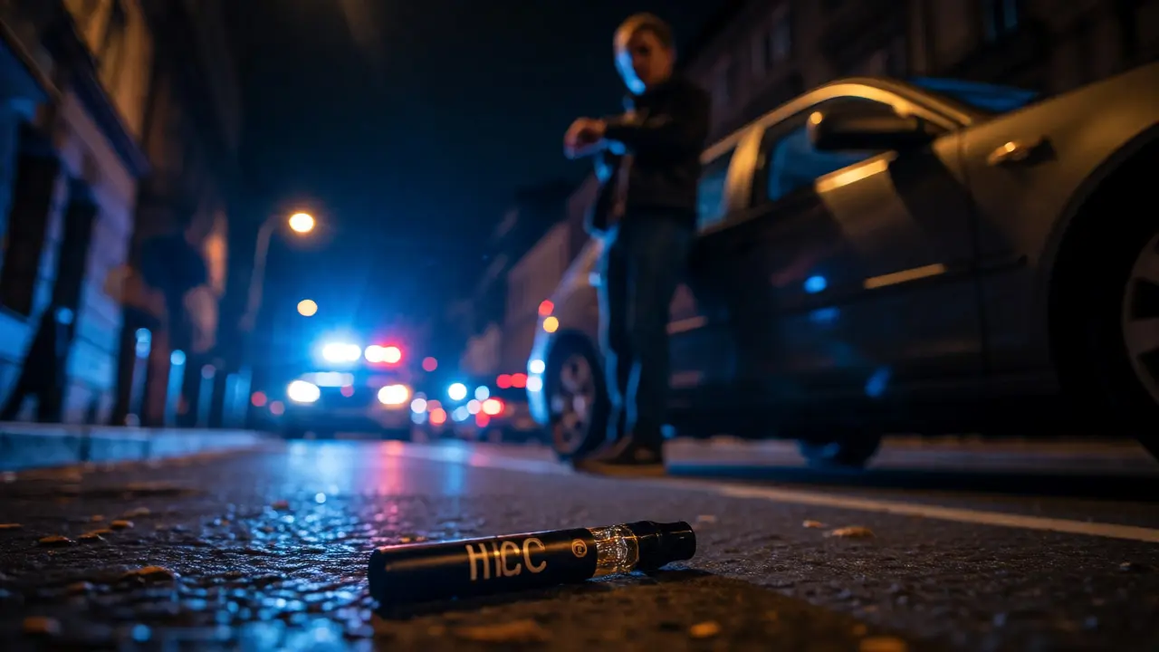 Osoba u auta v noci znázorňující riziko řízení po HHC