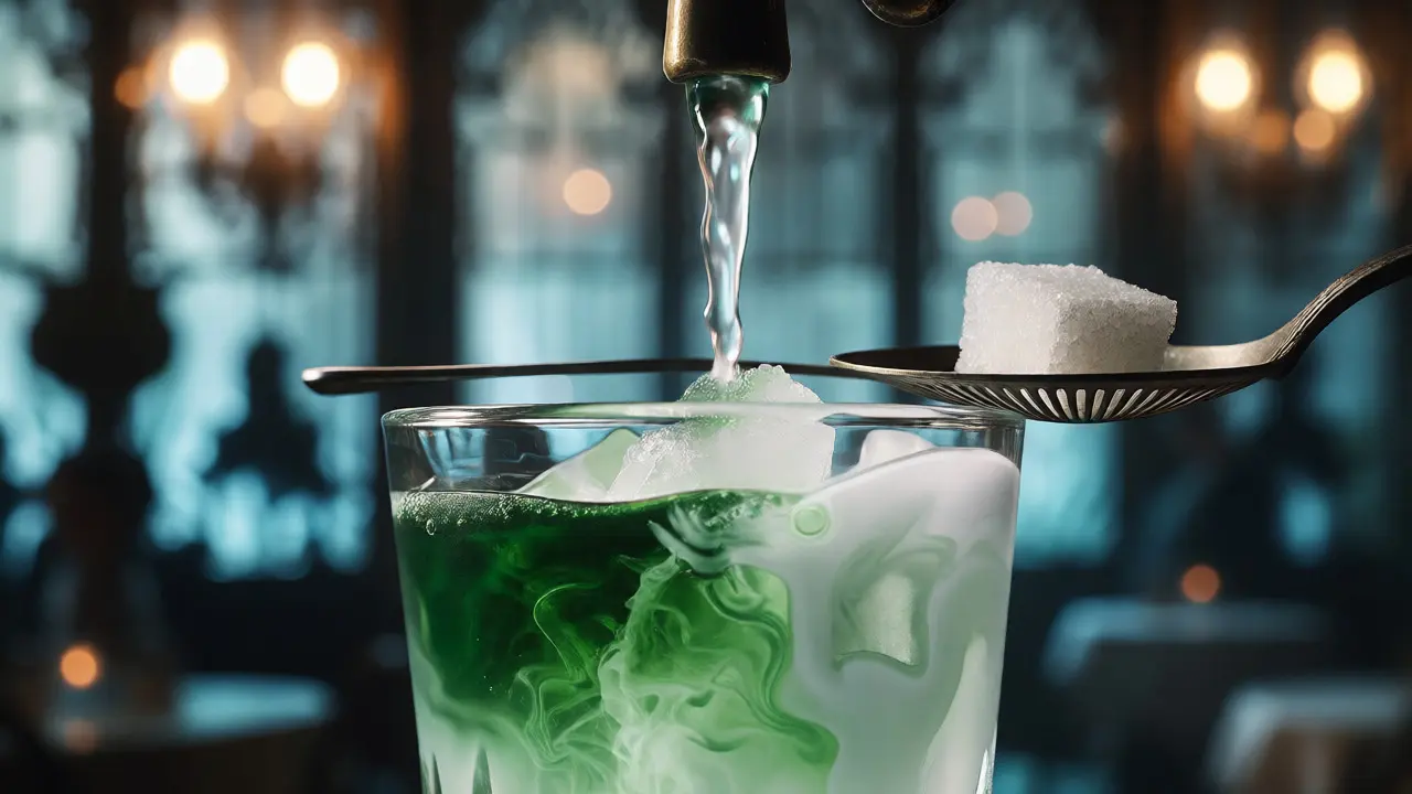 Příprava absintu s kapající vodou a cukrovou kostkou