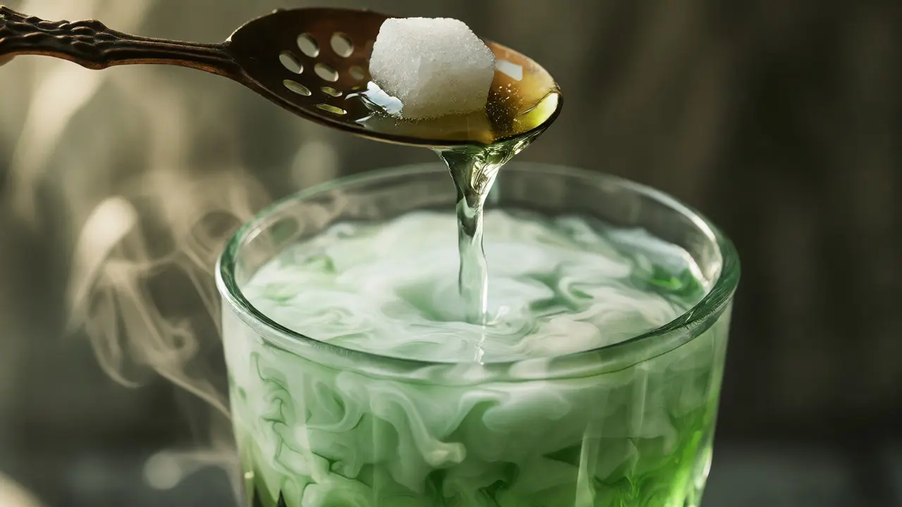 Proces louche: voda kapající přes kostku cukru do absintu