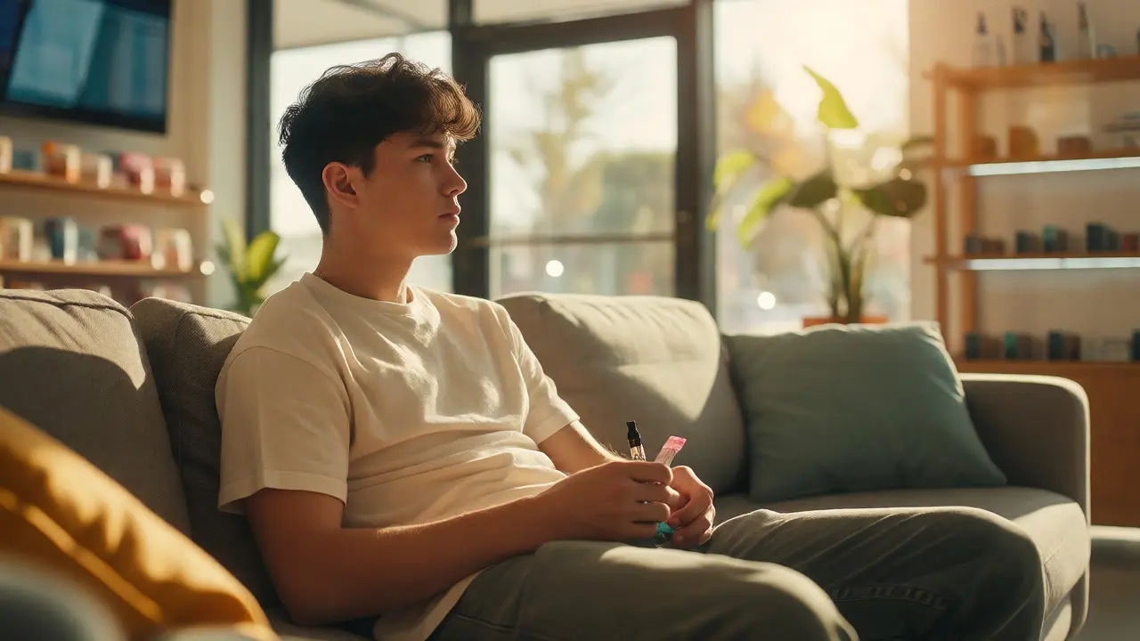 Relaxed person enjoying mild cannabis product in sunny room