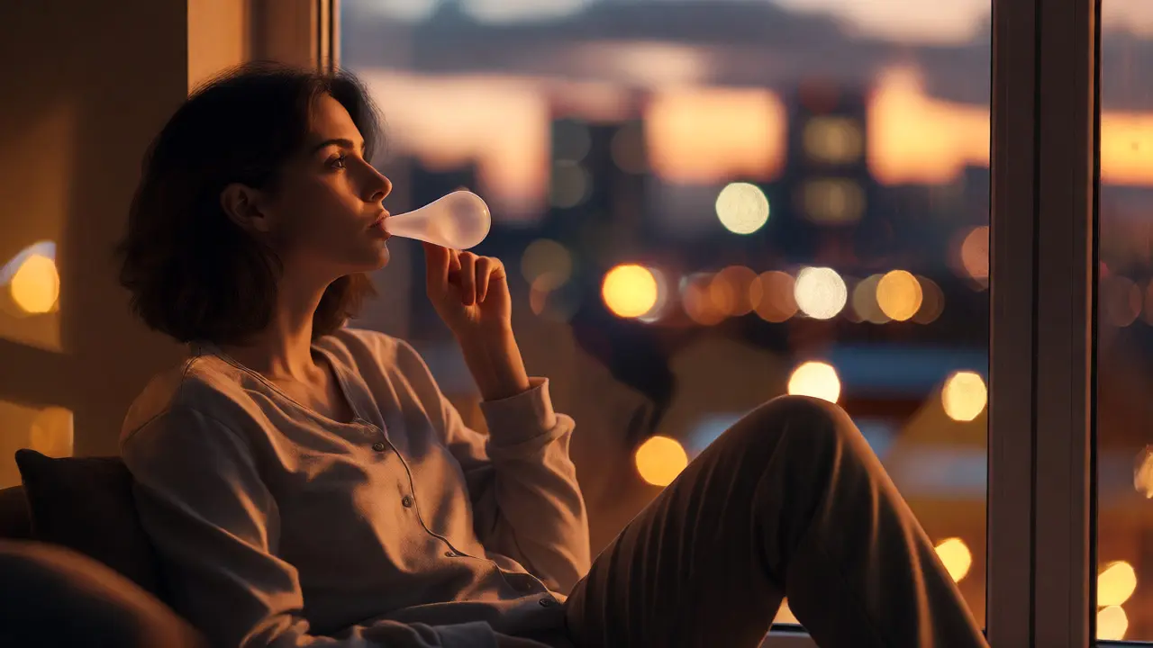 Uvolněná žena u okna za soumraku užívá CBD žvýkačku pro večerní relaxaci.